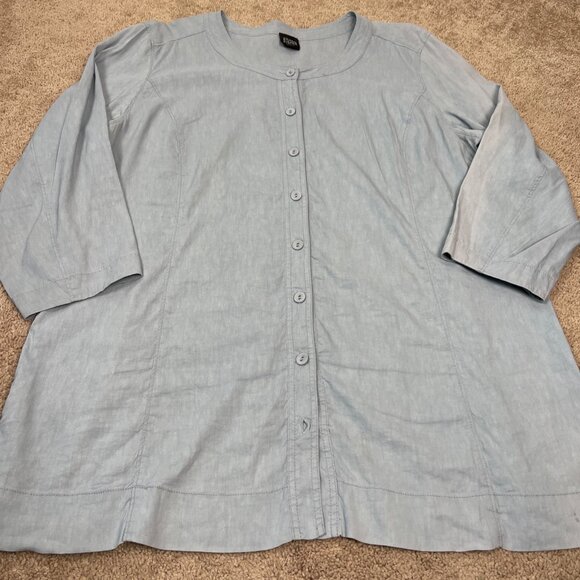 Eileen Fisher Woman Shirt 2X Blue Tunic Linen Blend Button Front Top Classic - Picture 2 of 8